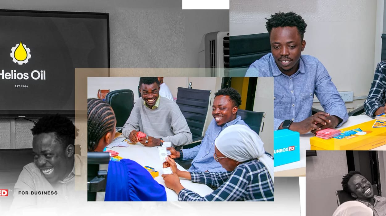 People in an office playing Unboxed card games in Nigeria